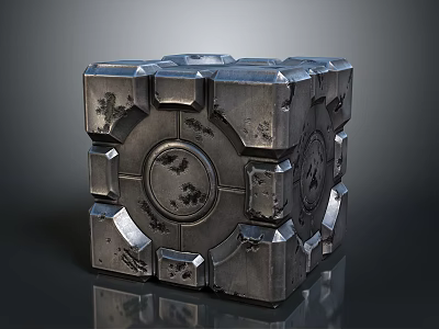 Vintage Metal Cube With Worn Industrial Texture Circular Center And Reflective Surface 3d model
