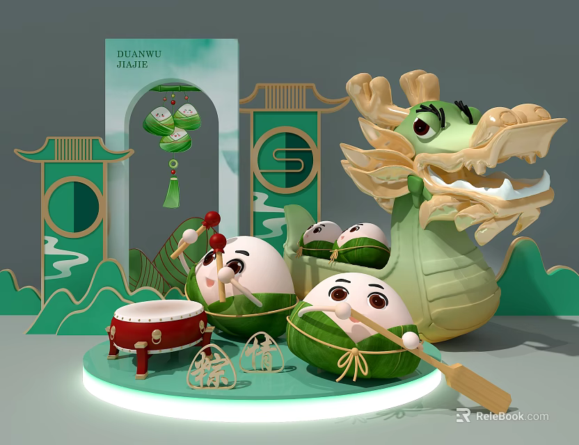 Chinese Style Window Display With Dragon Boat Zongzi Drum And Green Elements 3d model 