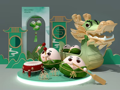 Chinese Style Window Display With Dragon Boat Zongzi Drum And Green Elements 3d model