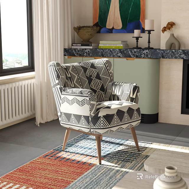 Modern Geometric Pattern Accent Chair With Black White Fabric And Wooden Legs In Modern Interior 3d model 