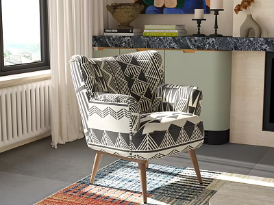 Modern Geometric Pattern Accent Chair With Black White Fabric And Wooden Legs In Modern Interior 3d model