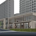 Modern Commercial Street With High Rise Buildings Glass Facades And Pedestrian Lawn Areas