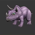 Cute Cartoon Style Purple Triceratops Character With Big Green Eyes And Stubby Legs