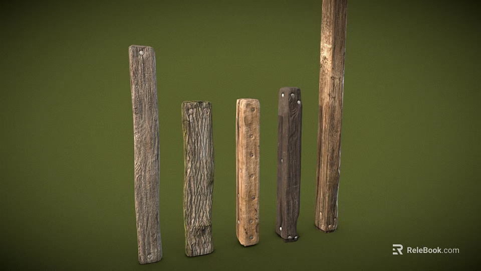 Various Textured Wooden Pillars In Different Colors On Green Background 3d model 