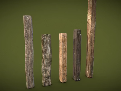 Various Textured Wooden Pillars In Different Colors On Green Background 3d model
