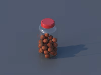 Transparent Glass Spice Bottle with Red Cap and Brown Round Granules on Gray Background 3d model