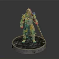 Man In Detailed Armor Statue Holding Long Staff On Circular Pedestal