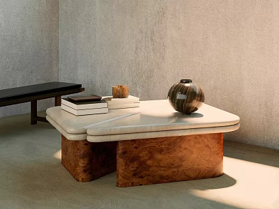 Modern Coffee Table With Marble Top Wooden Base Books Vase And Black Bench 3d model