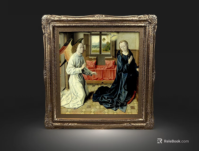 Golden Carved Frame With Religious Painting Of Two Robed Figures And Red Couch 3d model 