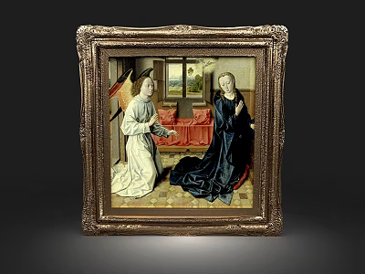 Golden Carved Frame With Religious Painting Of Two Robed Figures And Red Couch 3d model