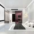 Modern Hotel Room Interior With White Walls Black Curtains Bed Table Chairs And Projection Screen