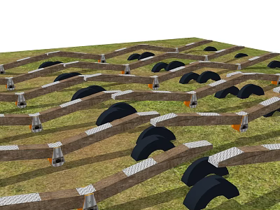 Outdoor Playground Equipment With Wooden Obstacle Tracks Metal Supports Black Semi circular Obstacles On Grass 3d model