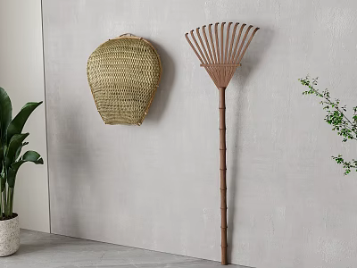 Natural Woven Basket and Bamboo Rake Tool as Indoor Wall Decor for Home Living 3d model