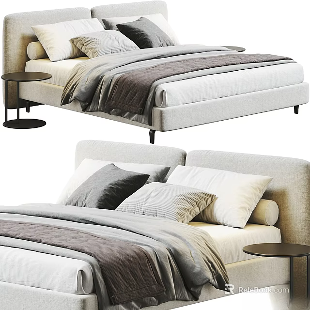 Modern Light Gray Linen Bed With Plush Pillows And Round Nightstand 3d model 