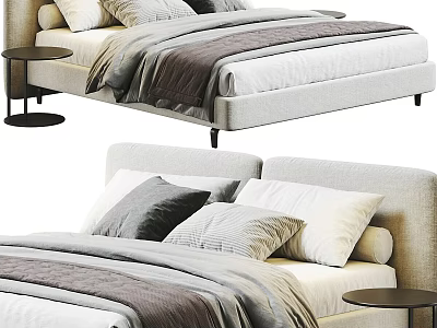 Modern Light Gray Linen Bed With Plush Pillows And Round Nightstand 3d model