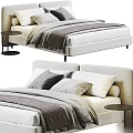 Modern Light Gray Linen Bed With Plush Pillows And Round Nightstand 3d model