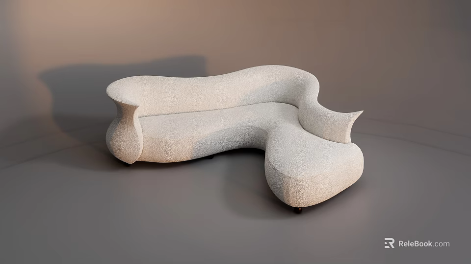 Irregular Shaped Sofa With Light Colored Fabric And Modern Curved Lines For Minimalist Interior 3d model