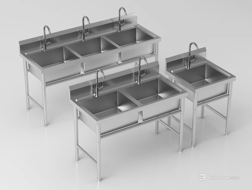Stainless Steel Commercial Kitchen Sinks With Stand Multiple Bowls And Faucets 3d model 