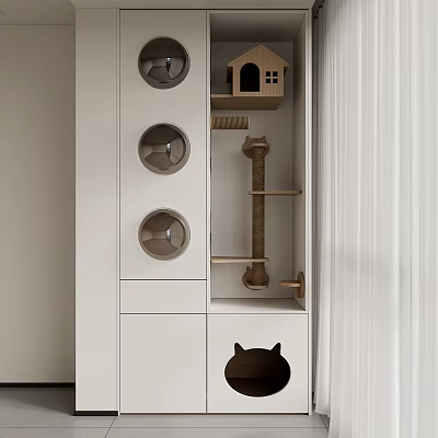 White Cat Furniture With Round Bed Holes Scratching Post And Small House Design 3d model