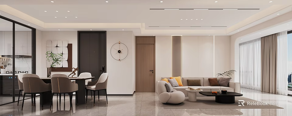 Modern Living Dining Room Interior With Sofa Chairs Dining Table And Wall Clock Decor 3d model