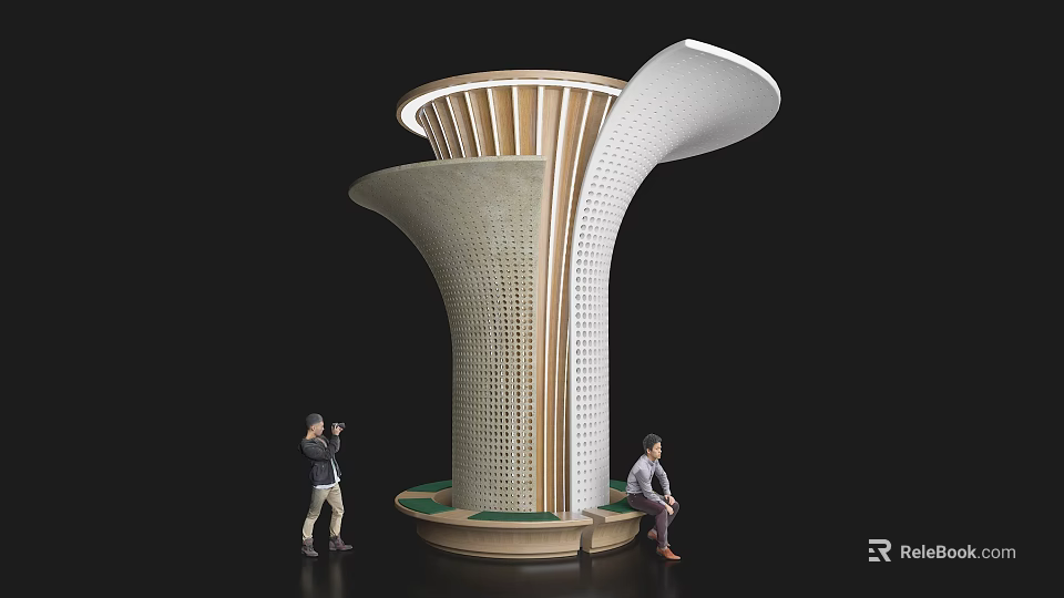 Modern Roadside Facility With Unique Perforated Structure And Wooden Rest Area 3d model