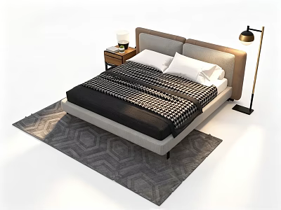 Modern Double Bed With Gray Headboard White Pillows Checkered Quilt Nightstand Lamp Gray Geometric Rug 3d model