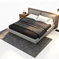 Modern Double Bed With Gray Headboard White Pillows Checkered Quilt Nightstand Lamp Gray Geometric Rug