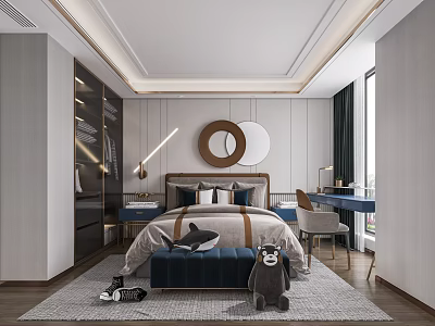 Modern Kids Room Interior With Bed Blue Ottoman Stuffed Toys Desk Cabinet And Chair 3d model