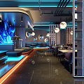 Modern Bar Interior With Round Pendant Lamps Neon Lights And Black Leather Seating
