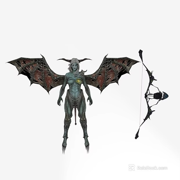 Mythical Fantasy Game Movie Character With Bat Like Wings Horns And Bow 3d model 