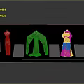 Clothing Display On Black Platform Featuring Mannequins With Brown Pants Gray Robe And Yellow Dress
