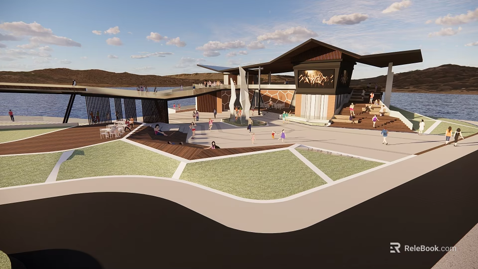 Modern Waterfront Park Landscape With Lawn Spaces Wooden Deck And People Activities 3d model 