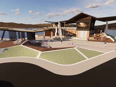 Modern Waterfront Park Landscape With Lawn Spaces Wooden Deck And People Activities 3d model
