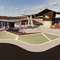 Modern Waterfront Park Landscape With Lawn Spaces Wooden Deck And People Activities