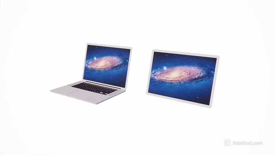 Two sleek laptops featuring galaxy star screen display on white backdrop 3d model 