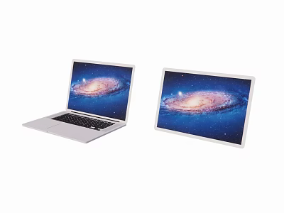 Two sleek laptops featuring galaxy star screen display on white backdrop 3d model