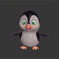 Cute Cartoon Penguin With Big Blue Eyes Open Wings And Orange Feet On Gray Background