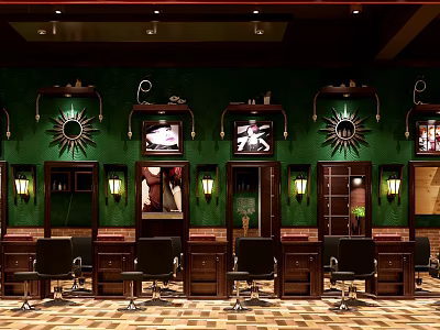 Stylish Beauty Hair Salon Interior With Green Walls Vintage Mirrors And Black Styling Chairs 3d model
