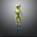 Futuristic Astronaut Character In Yellow Blue Suit With Helmet And Alien Creature In Space Setting