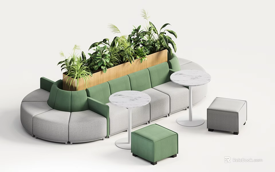 Modern Curved Sectional Sofa With Green Gray Upholstery Potted Plants And Round Side Tables 3d model 