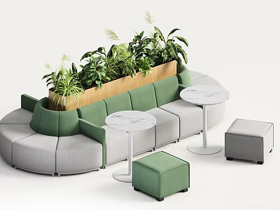 Modern Curved Sectional Sofa With Green Gray Upholstery Potted Plants And Round Side Tables 3d model