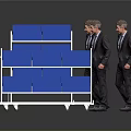 Four Blue Trolleys With Railings And Businessmen On Reflective Surface