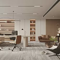 Modern Office Interior Design With Desk Chairs Sofa Bookshelves And Pendant Lights