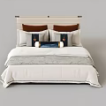 Modern Double Bed with Simple Headboard White and Navy Blue Pillows and Elegant Bedspread 3d model