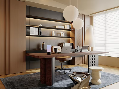 Modern Study Room With Wooden Desk Built in Bookshelves And Pendant Lights 3d model