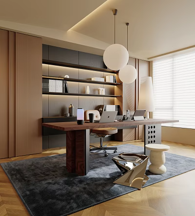 Modern Study Room With Wooden Desk Built in Bookshelves And Pendant Lights 3d model