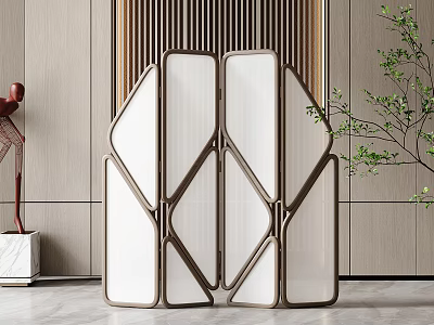 Modern Room Divider With Metal Frame Glass Panels Near Wooden Wall And Green Plant 3d model