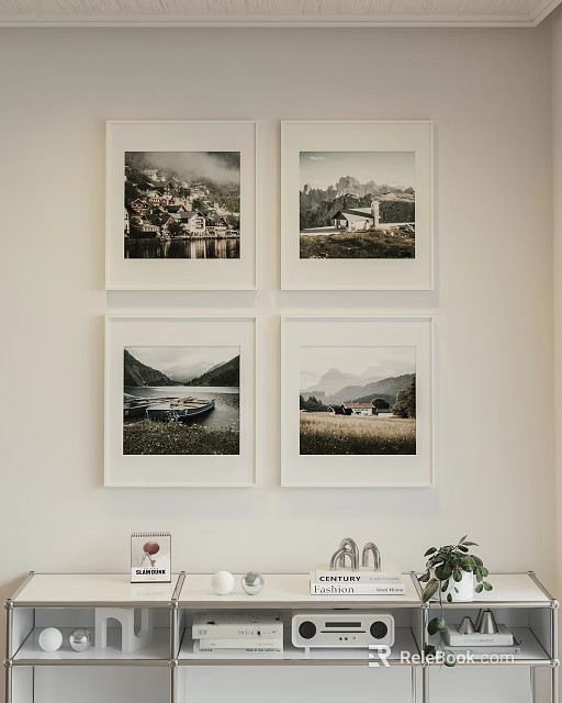 Four Framed Landscape Paintings As Wall Decor With Mountain Lake And House Scenes 3d model 