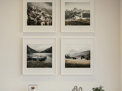 Four Framed Landscape Paintings As Wall Decor With Mountain Lake And House Scenes 3d model