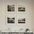 Four Framed Landscape Paintings As Wall Decor With Mountain Lake And House Scenes